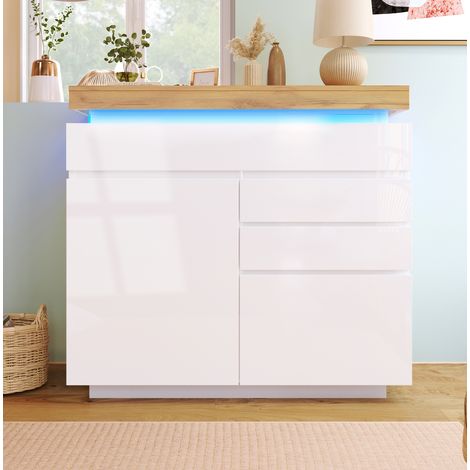 Credenza 110x39x115 cm bianca in truciolare e MDF lucido con LED, 2 ante e 3 cassetti (1/5)