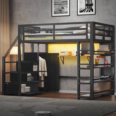 Lit métal 140x200 cm noir avec rangements étagères armoire et éclairage LED (1/5)