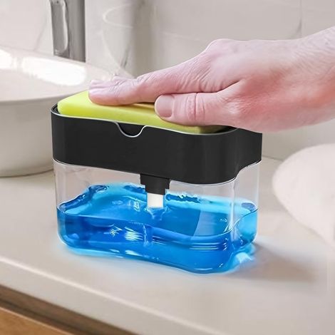 1 Distributeur savon vaisselle, Porte-éponge intégré, Design compact, Cuisine moderne, Noir
