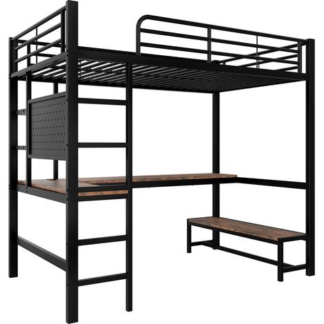 Letto a soppalco 90 x 200 cm in metallo con scrivania, ripiani, scala, LED e USB-C (1/5)