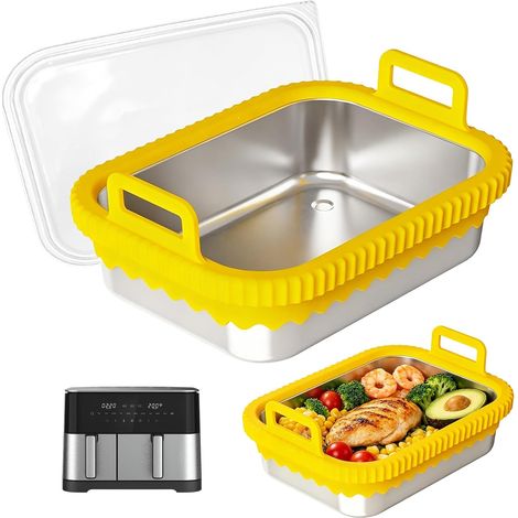 Plat à four Airfryer en acier inoxydable avec couvercle, accessoire pour friteuse à air chaud Ninja AF400EU AF500EU SL400EU COSORI, résistant à la chaleur, sans BPA, passe au lave-vaisselle, jaune (1/5)