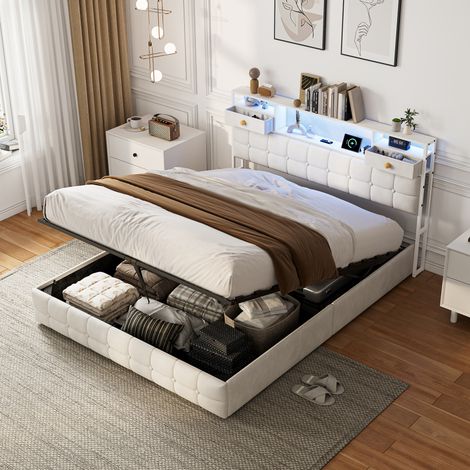 Letto contenitore 160x200 cm, Letto 160x200 con Sommier in velluto con LED RGB, letto matrimoniale imbottito con contenitore idraulico, letto adulti moderno, Beige
