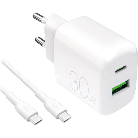 Cargador de pared USB-A USB-C con cable USB-C de 30 W y 1,2 m - Blanco (1/3)