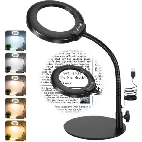 Loupe 10X avec lumière et support, 5 modes de couleur, mains libres, flexible, col de cygne avec lumière, pour artisanat, loisirs, peinture, nail design, bijoux (1/5)