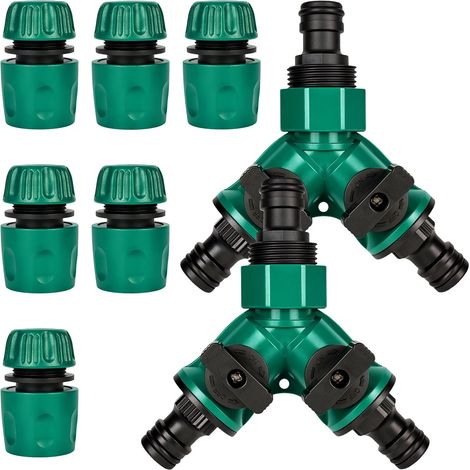 Distributeur d'eau pour tuyau d'arrosage - Répartiteur d'eau à 2 voies - Raccord de répartiteur en Y - 2 distributeurs de tuyau en plastique de 3/4" avec valve - 6 raccords de tuyau de 1/2" (1/5)