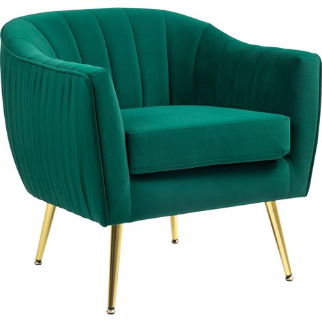 Fauteuil de salon rembourré avec accoudoirs et dossier, design moderne, pieds en métal (71 x 72 x 73 cm), vert