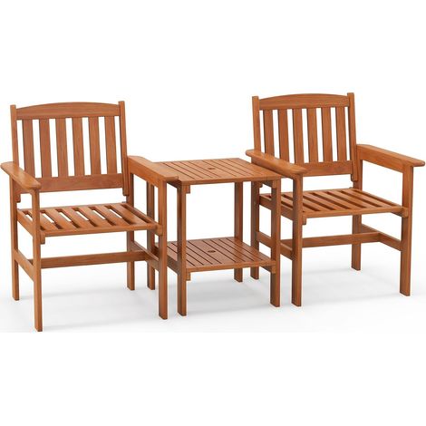 GOPLUS 3PCS Salon de Jardin en Bois 2 Personnes, Chaise et Table de Patio avec Accoudoirs, Dossier, Rangement, Trou de Parasol, Ensemble de Bistrot 2 Places pour Jardin, Terrasse, Balcon (1/5)