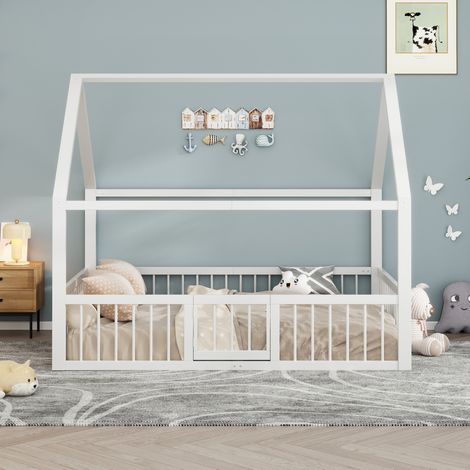Letto a casetta 140x200 cm a forma di casa con sponda di sicurezza, rete a doghe, in metallo, senza materasso, bianco (1/5)
