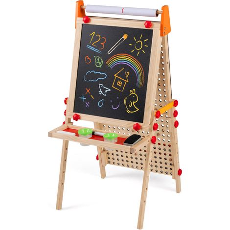 4-en-1 chevalet enfant en bois, tableau noir et blanc magnétique avec rouleau papier, pliable et réglable (1/5)