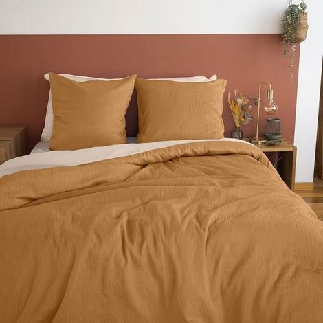 Parure de lit - 220x240 cm - Réversible - Bicolore - Jaune soleil et sablé