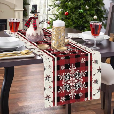 Chemin de Table Rouge, Deco Table Noel en Lin Chemin de Table Moderne Noël 180 cm x 34 cm de Long, Flocons de Neige Nappe (1/5)