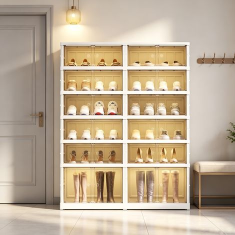 Meuble à chaussures pliable PP 6 niveaux capacité 24 paires porte magnétique semi-transparente compartiment bottes roulettes pivotantes montage sans outil (1/5)