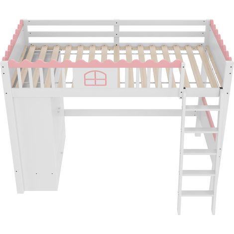 Kinder-Hochbett 90x200 cm mit LED, Schrank und Schublade, Kiefer und MDF, weiß (1/5)