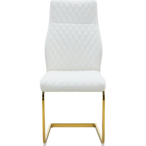 Ensemble table ronde en verre et 4 chaises, plateau trempé 85 cm, sièges blancs capitonnés et structures en métal doré (1/5)