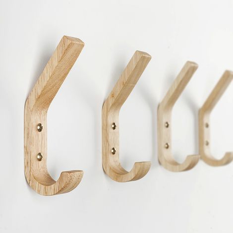Percheros de madera, juego de 4 percheros en forma de J, percheros de pared mejorados para toallas, roble de grado A, superficie pulida a mano, aptos para cocina y dormitorio. (1/3)