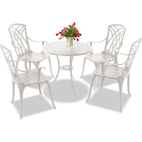 Homeology OSHOWA Luxurious Garden & Patio Table & 4 Large Chairs with Armrests Cast Aluminium Bistro Set - White (1/5)