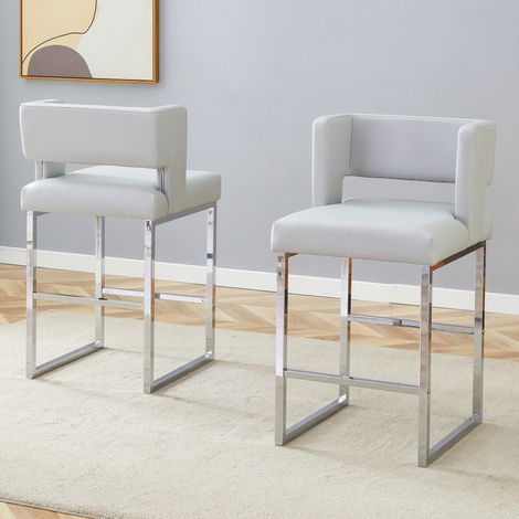 Set di 2 sgabelli da bar Nordic grigio chiaro, seduta imbottita quadrata, gambe in metallo argento (1/5)
