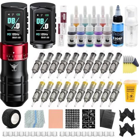Kit de machine sans fil, 7 Réglages Stroke, 2xbatterie de 2300 mAh  Machine Rotative Complète, 20 Cartouches, 10 Encres, Set Portatif pour Débutants et Artistes. (1/5)