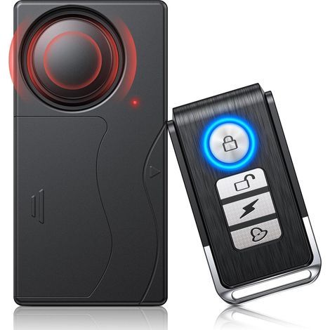 Alarme de voiture - 110 dB - Alarme vibrante sans fil - Avec télécommande - 10 niveaux de sensibilité réglable - Alarme de vélo antivol - Pour voiture, vélo, fenêtre, porte, moto