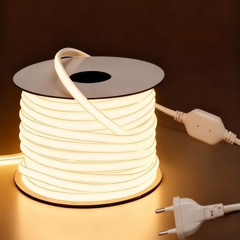 Ruban LED COB Exterieur 10M, 220V Bande LED IP65 Étanche Flexible DIY Adhésif Bandeau LED pour Interieur Maison, Chambre, Chantier, Pergola, Terrasse,10W/M, 3000K, Blanc Chaud [Classe énergétique D] (1/5)