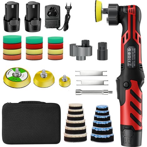 Mini polisseuse, Polisseuse Voiture Sans Fil avec Tampons 1/1.5/2 Pouce, 11 vitesses, 2500-6000 RPM, 2 batteries et chargeur, Rouge (1/5)