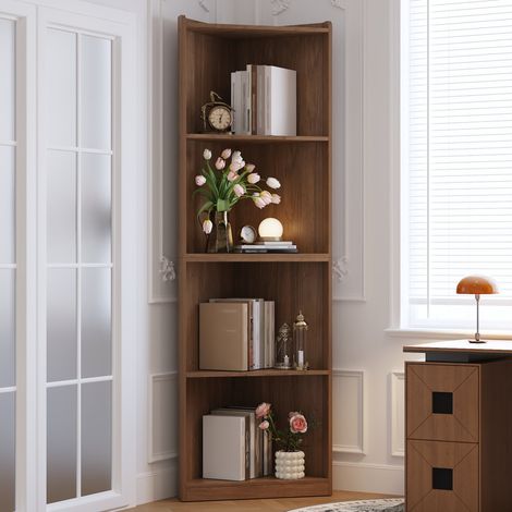 Étagère d‘angle Bibliothèque d‘angle 55x32x180 cm - Meuble de Rangement Haut avec Système anti-Basculement - MDF - Couleur Noyer