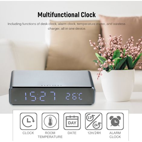 Réveil de bureau avec chargeur sans fil, thermomètre numérique LED, affichage ℃/℉, chargeur multifonctionnel, alarme et calendrier pour la maison, le bureau ou la résidence étudiante. (1/5)