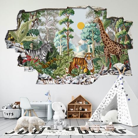 Stickers Trompe l'oeil trou dans le mur - Jungle Animaux - 20 x 32 cm (1/3)