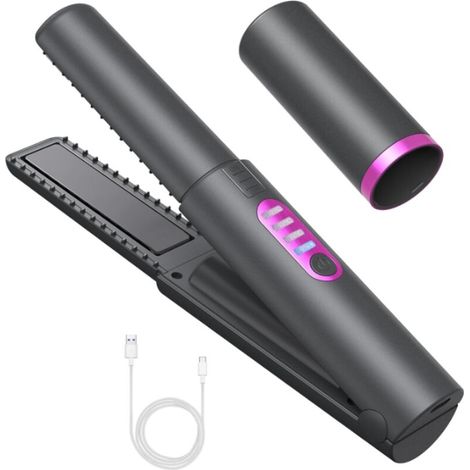 Kabelloser 2-in-1-Haarglätter mit integriertem Mini-Lockenstab für unterwegs schnelles Aufheizen für glattes und glänzendes Haar.
