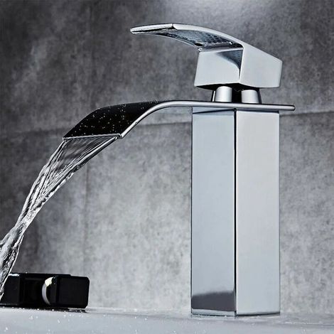 Modern Bathroom Square Waterfall Basin Sink Mixer Tap Chrome Brass Cloakroom, Basin Mixer Tap Chrome Small Square Sink Mono Waterfall Bathroom Hot&Cold Faucet (1/5)