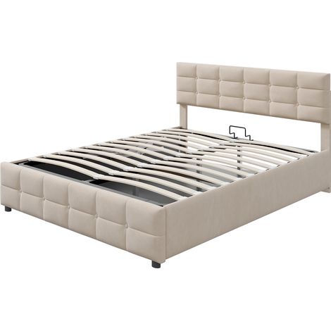 Lit rembourré 180 x 200 cm, sommier à lattes, lit simple hydraulique, tissu en velours néerlandais, beige