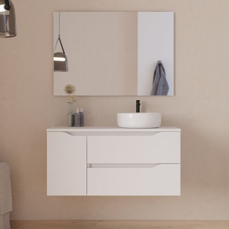Meuble de salle de bain 100cm avec plateau, vasque à poser déportée à droite Ares et miroir - 2 tiroirs et un placard - blanc - ZARZA
