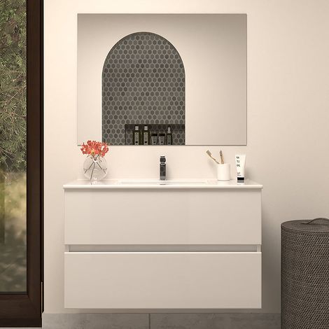 Meuble de salle de bain 70cm simple vasque - 2 tiroirs - blanc brillant - IDA