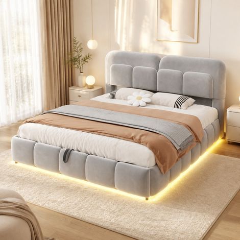 Cama con canapé 140x200 cm con LED, terciopelo gris, almacenaje hidráulico OKMYHOME (1/5)