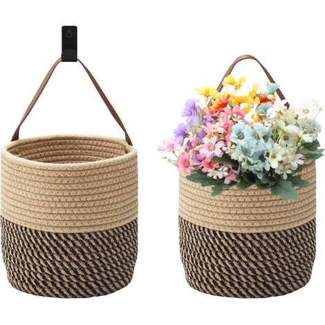 Juego de 2 cestas colgantes con asas, cestas de almacenamiento de algodón tejido para montaje en pared, funda trenzada para macetas, ideal para pared, baño o dormitorio.