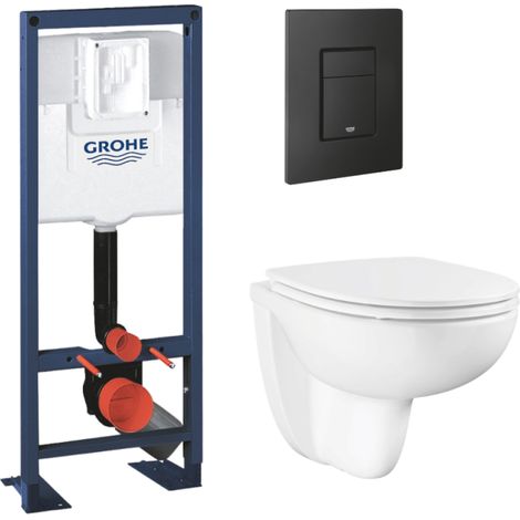 Pack bâti-support largeur réduite GROHE Rapid SL + Cuvette suspendue sans bride abattant BauCeramic + Plaque commande noir mat (1/4)