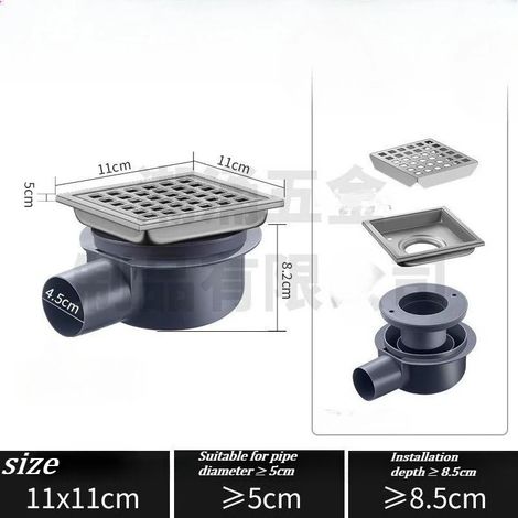 (11 x11 LS),European-style same-layer drainage floor drain 304 stainless steel floor drain,large displacement square translation side drain (1/4)