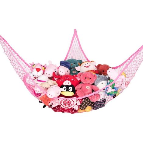 Hamac en peluche 70 pouces, filet suspendu géant pour animaux en peluche, rangement mural d'angle pour chambre d'enfant, rose, grand hamac jouet. (1/4)