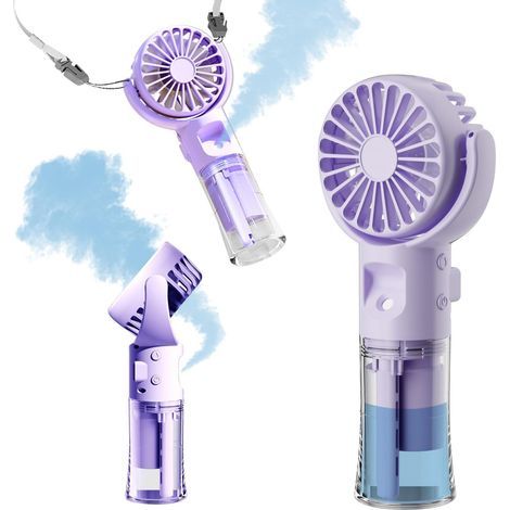 Tragbarer Sprühventilator – Wiederaufladbarer Akku – 4 Geschwindigkeitsstufen – 55-ml-Wassertank – 360°-Drehung – Lila – Ideal für Reisen, Camping und Outdoor-Aktivitäten (1/5)