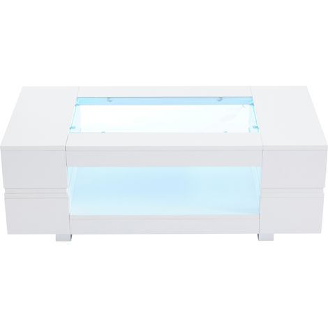 Mesa de centro LED blanca con almacenaje y tapa de vidrio templado 100x50x35 cm MODENUIT (1/5)