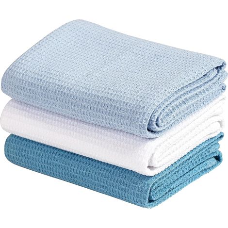 Lot de 3 torchons à vaisselle en coton gaufré doux et absorbants - Grande taille - Bleu (1/5)