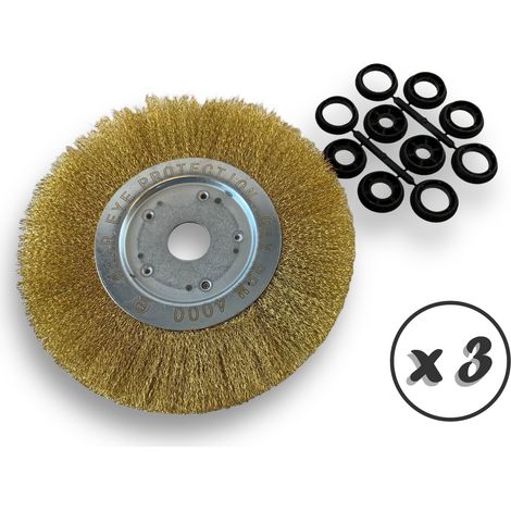 Lot de 3 brosses circulaires LAITON Ø 250 mm Epaisseur 1 rang Fil dur 0.30 mm ondulé Alésage 32 mm + réducteur bague 25/22/20/16/12 mm Touret affûteuse ponceuse Kibros 211251LTx3