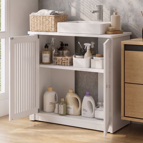 Mueble de baño sin lavabo, armario de baño independiente con puertas dobles y frontal de listones, armario de baño blanco. (1/5)