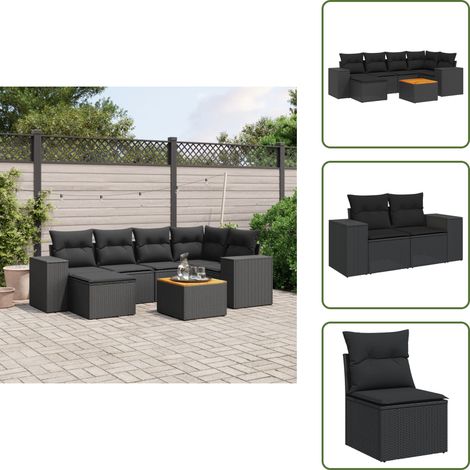 Salon de jardin 7 pcs avec coussins noir résine tressée - Salon De Jardin - Meuble Extérieur - Set Salon - Résine Tressée - Acacia (1/5)