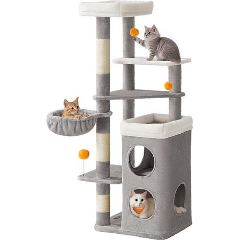 Tiragraffi per gatti alto 152 cm torre multilivello con 2 grandi grotte 1 amaca 3 tiragraffi 3 piattaforme grigio 120003800