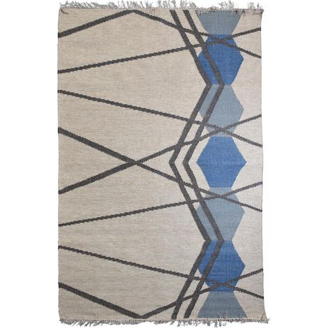 Tapis kilim fait à la main en laine 160x230 blanc et bleu rectangle
