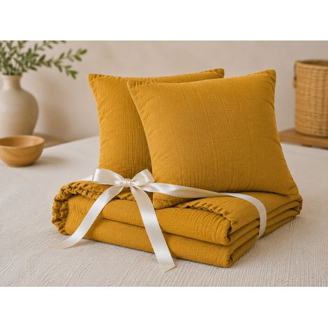 Pack Drap Housse 140 x 190 cm + 2 Taies d’Oreiller 60 x 60 cm Double Gaze de Coton GAÏA Safran