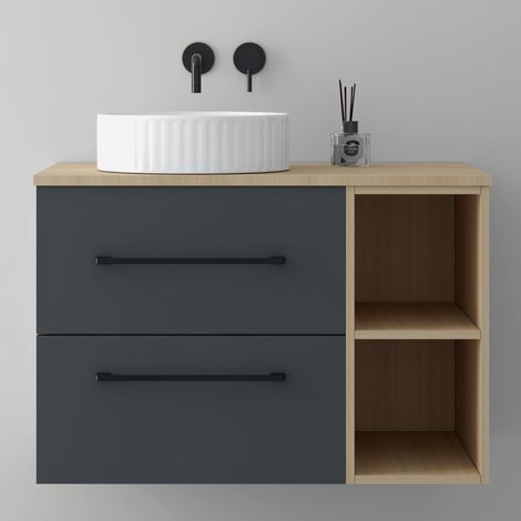 SKY 800mm Oak & Gray Bathroom Vanity Unit with 2 Soft-Close Drawers,Open Shelving & Textured Countertop Ceramic Basin,Flat-Packed (1/5)