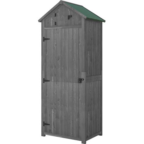 Abri de jardin Outsunny en sapin traité gris, rangement extérieur pour outils avec 3 étagères, 2 portes à loquets et toit pentu bitumé, dimensions 77 × 54 × 179 cm