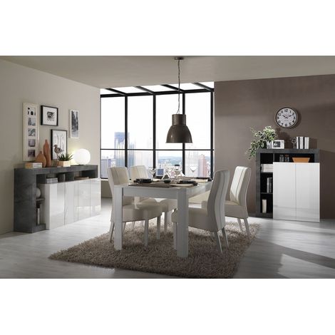 Altobuy – Séjour complet table + buffet 4 places blanc laqué – Panneaux haute densité – Style minéral moderne – Dimensions table 180x90cm (1/5)